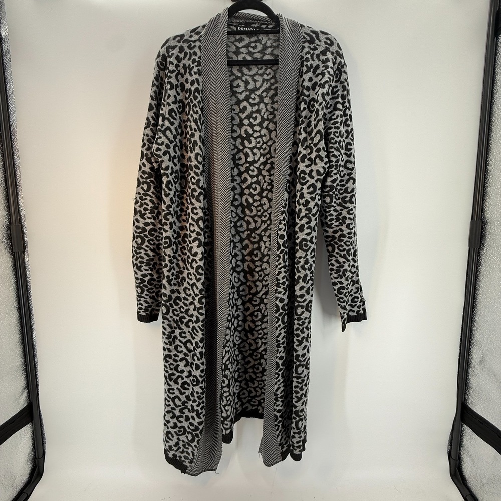 Domani‎ Women Animal Print Long Open Front Cardigan Sweater Gray 3X Duster